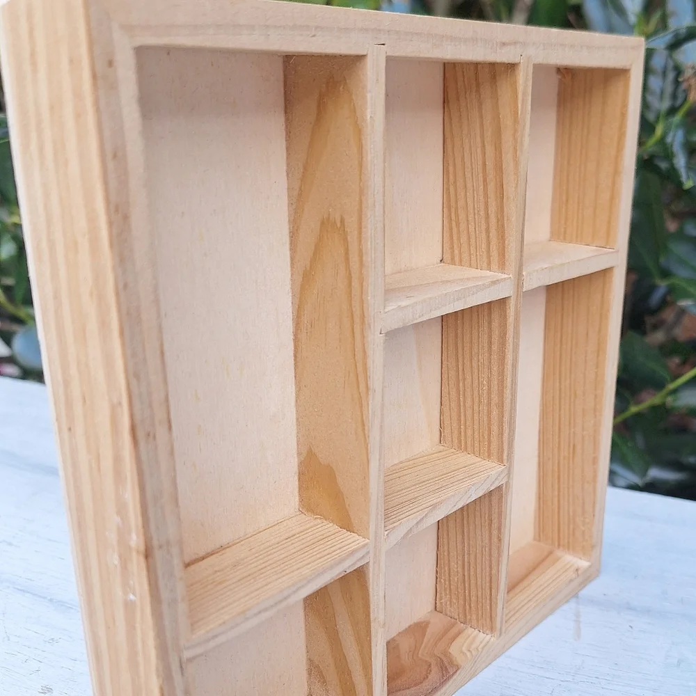 Mini Wood Shadow Box Wall Hanging Display 7x7x 1 inch deep wooden divided - Picture 8 of 14